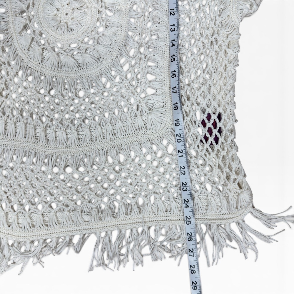Crochet Macrame Poncho Top Cover Up Large Cream Fringe Boho Hippie Open Knit - Picture 4 of 9